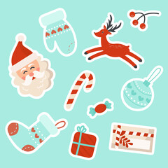 Christmas and New Year set. Santa Claus, Christmas toys, gifts, deer, stockings postcard, mitten, candy. Vector illustration.