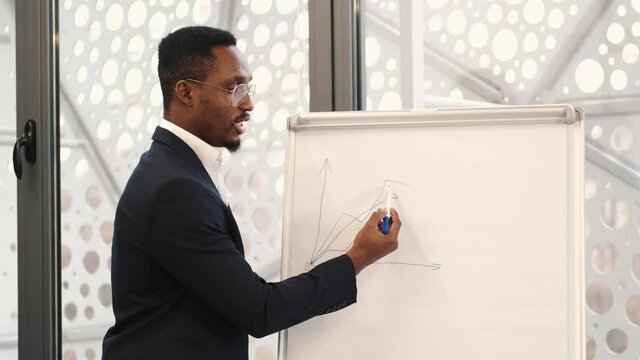 Handsome adult male architect in formal wear using flip chart and working on project in office.