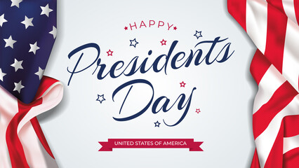 Fototapeta na wymiar Happy Presidents Day celebrate banner with waving United States national flag and hand lettering holiday greetings. Vector illustration.