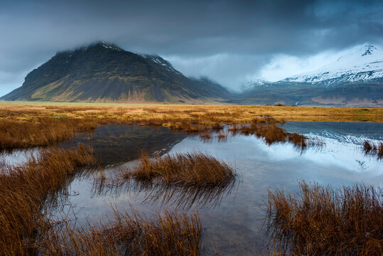Pond in Sudursveit, Austur-Skaftafellssysla, Mount Fellsfjall in background, Southeast Iceland