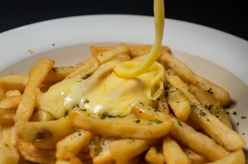 French fries are dishes made from pieces of potatoes fried in hot cooking oil. French fries are cut into lengths and fried in a submerged state in hot cooking oil called French fries