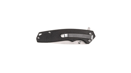 Pocket folding knife isolate on white back. Compact metal sharp knife with a folding blade.