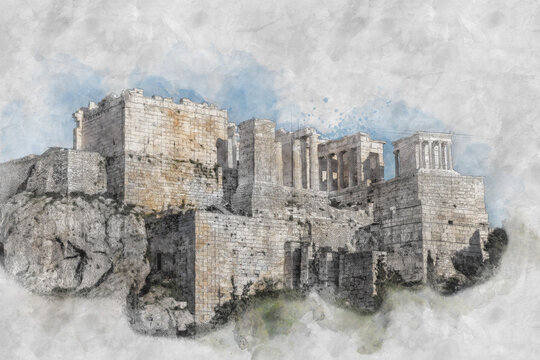Ancient Sites ruins of Erechtheum, Acropolis hill in Athens, Attica, Greece  Watercolor splash with hand drawn sketch illustration on crumpled paper