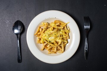 French fries are dishes made from pieces of potatoes fried in hot cooking oil. French fries are cut into lengths and fried in a submerged state in hot cooking oil called French fries