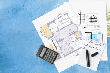 Fototapeta na wymiar Calculator, house plan and notebook on color background