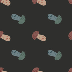 Abstract wild food seamless pattern with brown and blue colored mushroom elements. Black background.