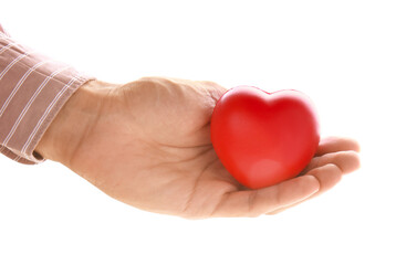 Male hand with heart isolated on white background