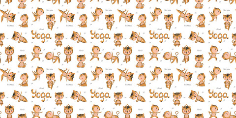 Seamless pattern of cute stylish cartoon smiling tigers in various yoga asanas on a white background. Isolated baby cute endless texture of exercise poses and lettering with quotes. Vector.