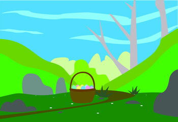 Spring scene, background with basket with Easter eggs.. Vector flat easter holiday illustration. 