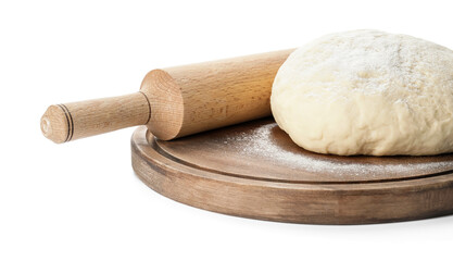 Fototapeta na wymiar Fresh dough and rolling pin on white background
