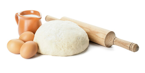 Fresh dough, ingredients and rolling pin on white background