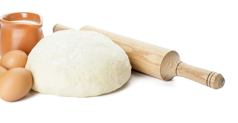 Fresh dough, ingredients and rolling pin on white background