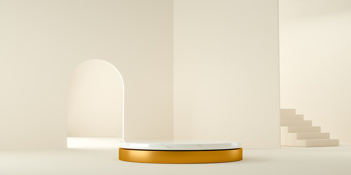 3d render, modern and minimalist background with white marble and gold in abstract indoor