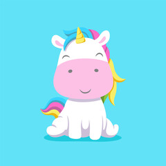 The little cute unicorn sitting with the small expression and posing from the front side