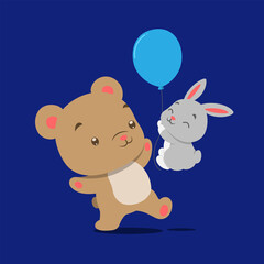 The little teddy bear is playing and dancing with the little rabbit holding the blue balloon
