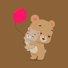 The little bear is playing and lifting the baby bear whose holding the red balloons