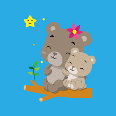 The bear with the baby bear is sitting together on the small branch under the star