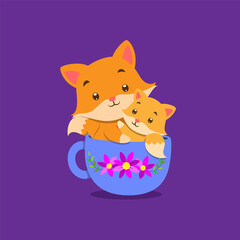 The fox with the baby fox is sitting on the tea cup with the flowers pattern