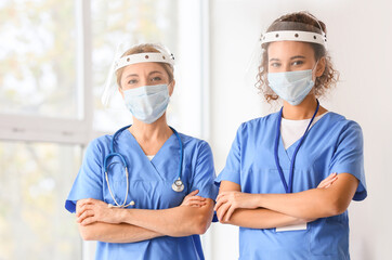 Portrait of female doctors wearing medical masks in clinic