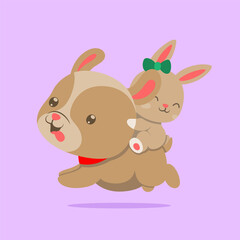 The big dog with the red necklace is running with the rabbit on his back