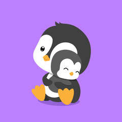 The penguin is hugging her baby penguin with her hand