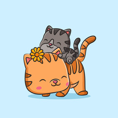 The cat with the little sun flower hairclip is playing the grey cat