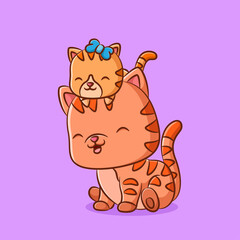 The little cat with the blue ribbon is playing with the big cat