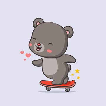 The bear is playing the skateboard with the sparkling round him