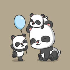 The family of panda is playing together with the blue balloons