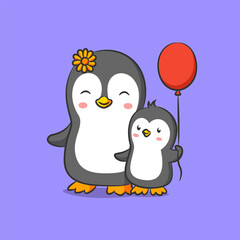 The penguin with the sun flowers on her head walking with her baby penguin