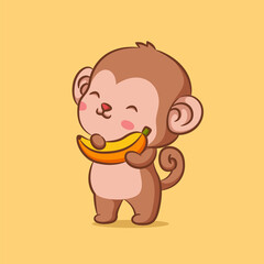 The baby monkey is standing and holding the little banana