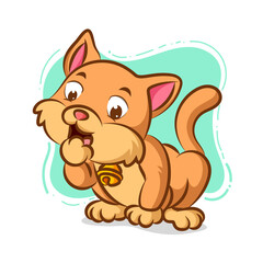 The cat with the necklace is licking his pawn for clean it