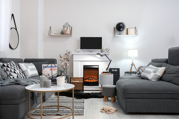 Interior of modern living room with fireplace
