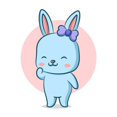 The rabbit with the ribbon is standing and touching her face