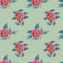 Seamless pattern on a light green background. endless motif for textiles, prints, wallpapers, wrapping paper. Delicate watercolor flowers.