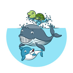 De walvis en de haai spelen samen met de groene schildpad