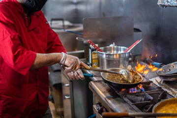 Chef preparing cooking and serving indian cuisine dish