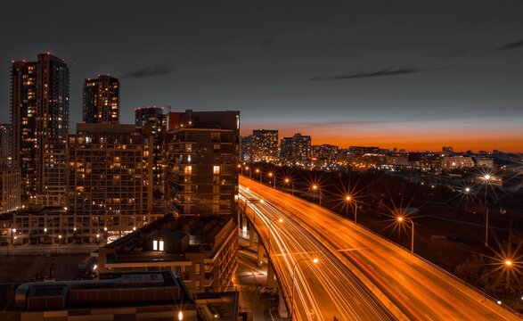 High Angle View Of Illuminated City Buildings At Night