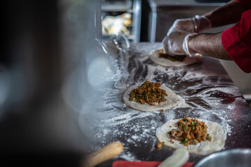 Chef preparing cooking and serving indian cuisine dish