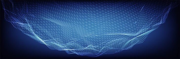 Wireframe landscape. Blue triangle surface. Abstract futuristic background. Vector illustration