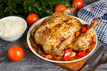 Marinated chicken baked with vegetables.