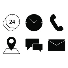 set of communication icon, 24 hour, clock, phone, message chat bubble vector