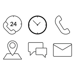 set of communication icon, 24 hour, clock, phone, message chat bubble vector