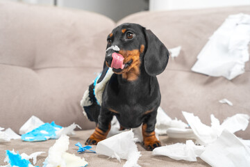Disobedient dachshund puppy made a mess, collected home slippers of owner in bed and tore them up,...