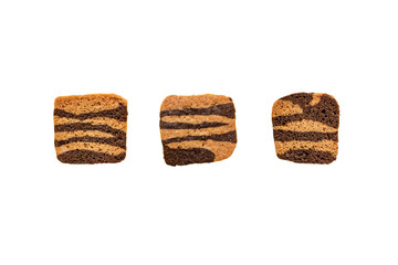 Thin crisp chocolate cookies on white plain background, isolated.