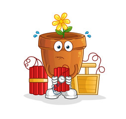 flower pot holding dynamite character. cartoon mascot vector