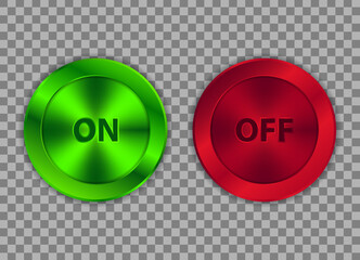 On and Off Toggle Switch Buttons with Lettering Modern Devices User Interface Mockup or design template with Green and red metallic texture. Vector illustration  for user interface app mobile