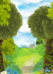 cartoon nature scene with waterfall with castle in the background illustration