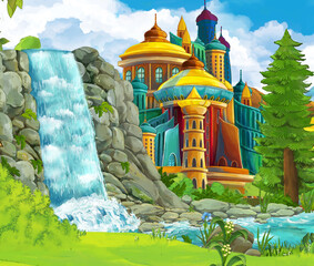cartoon nature scene with waterfall with castle in the background illustration