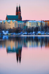 Fototapeta premium Stockholm, Sweden Hogalids Church looming over the Hornstull neighborhood.